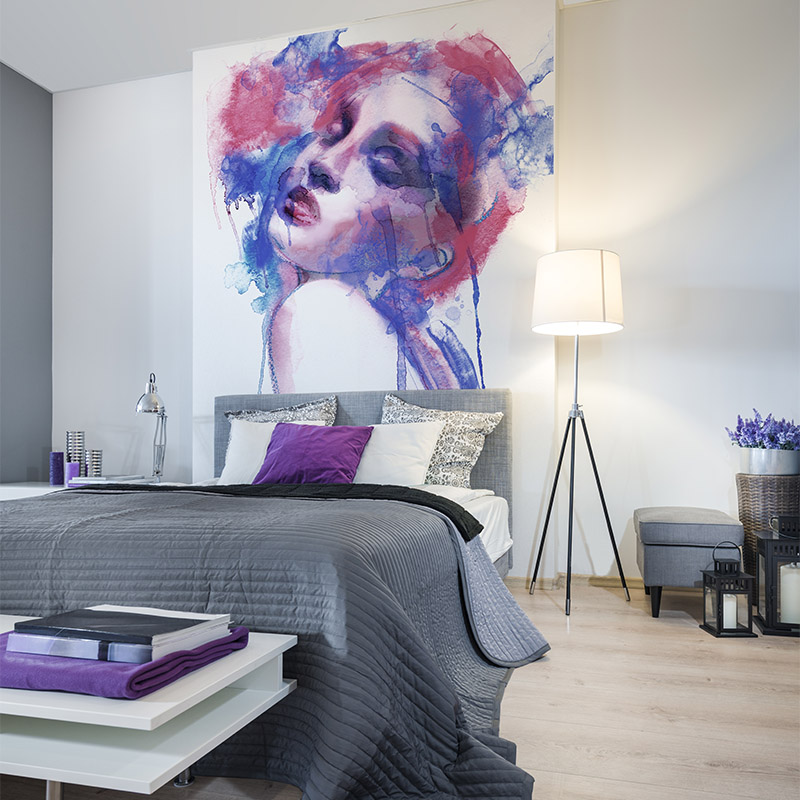 Bedroom interior with gray bed